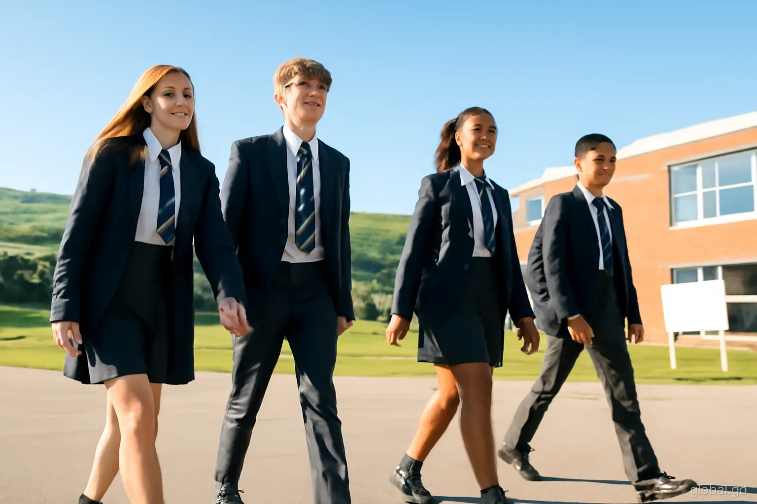 Secondary school students in uniforms walking to an exam hall across a sunny schoolyard in St Andrew's, green hills behind, low-angle shot, crisp morning light