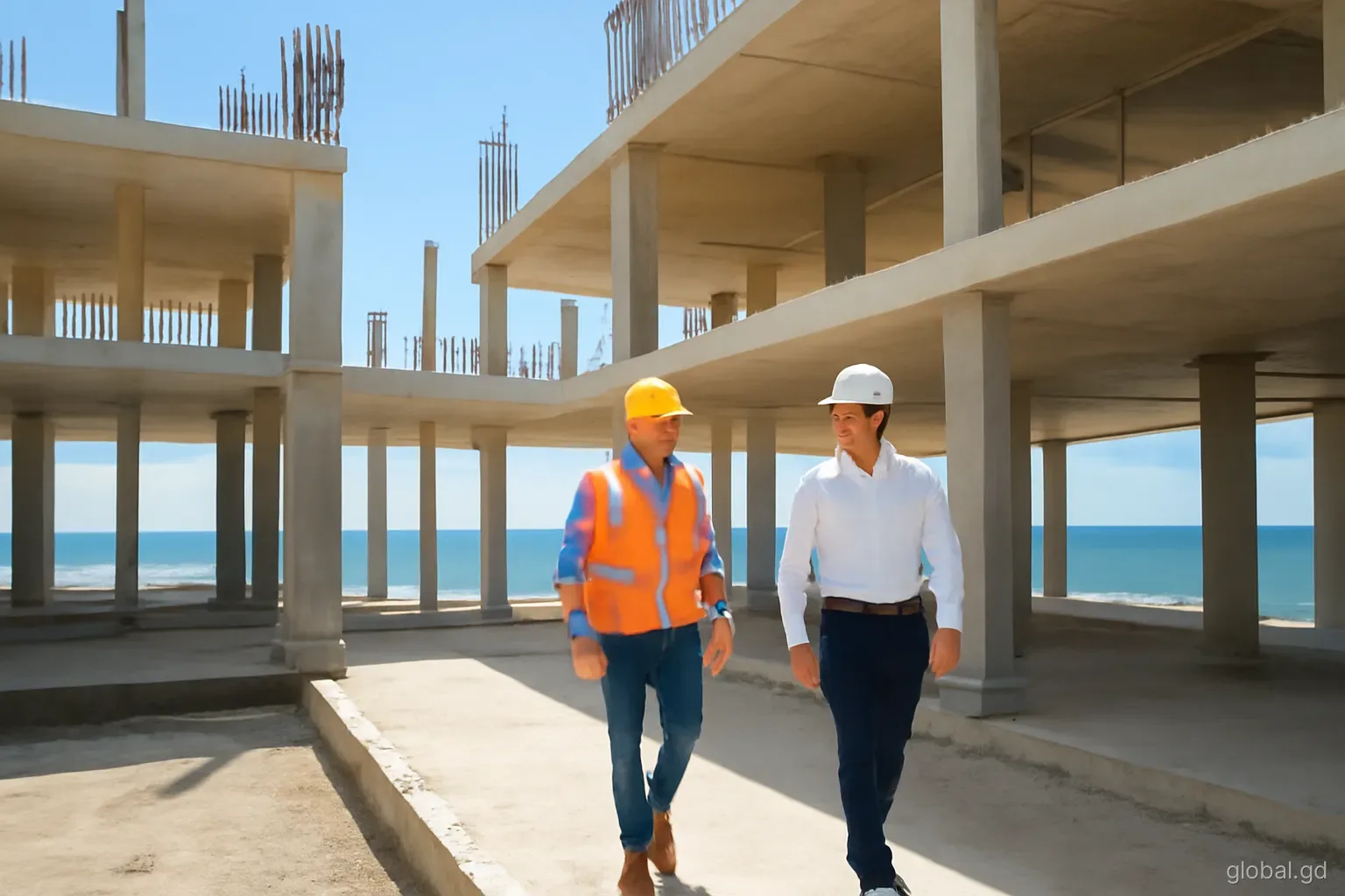 Engineer in a hard hat and a site manager walking through a half-built hotel structure near Point Salines, steel and concrete columns, sea glimpsed beyond, wide angle, bright morning