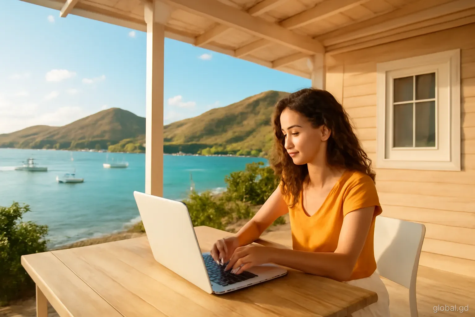 A woman typing on a laptop at a shaded table outside a small wooden house above Tyrrel Bay, Carriacou, yachts anchored below, dry green hills, wide angle, late afternoon light