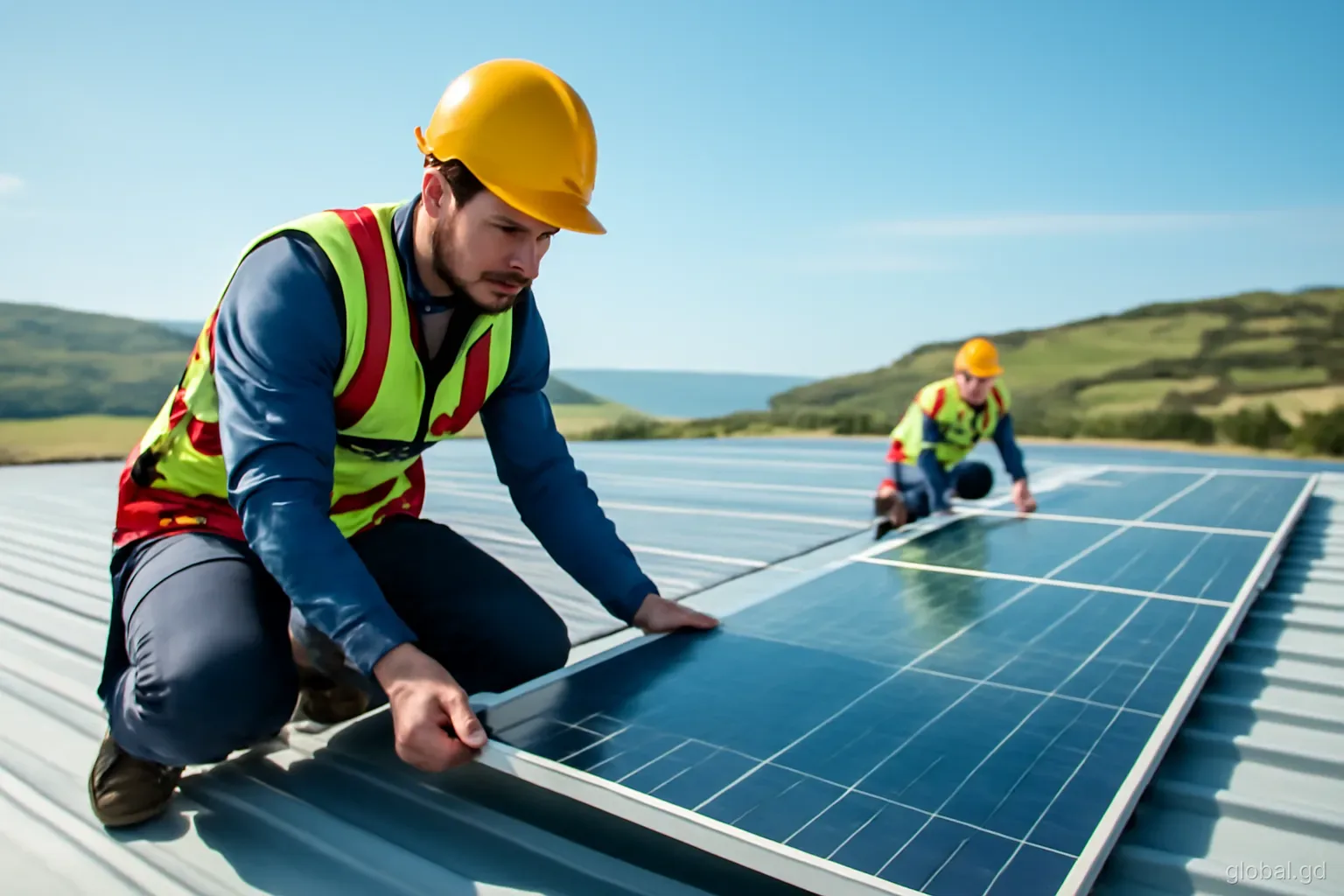 Technicians in safety harnesses fitting solar panels on a warehouse roof near Grenville, Atlantic coastline and green hills behind, low-angle shot, bright clear sky