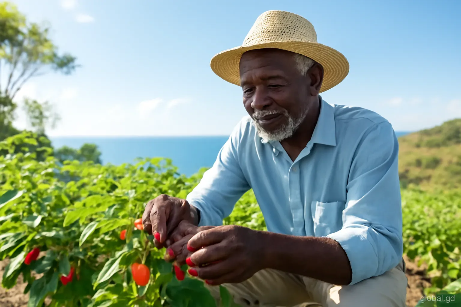 Retired Grenadian man in a straw hat tending pepper plants in a backyard garden overlooking the sea near Sauteurs, low angle, early morning sunshine