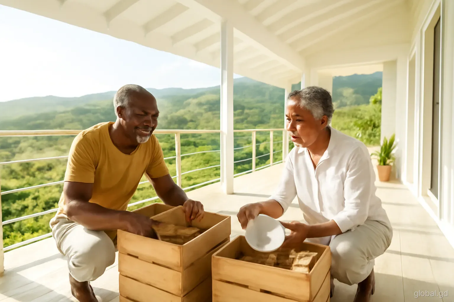 Grey-haired Grenadian couple unpacking wooden crates on the veranda of a hillside house in St David, wide angle, soft morning light, green hills behind