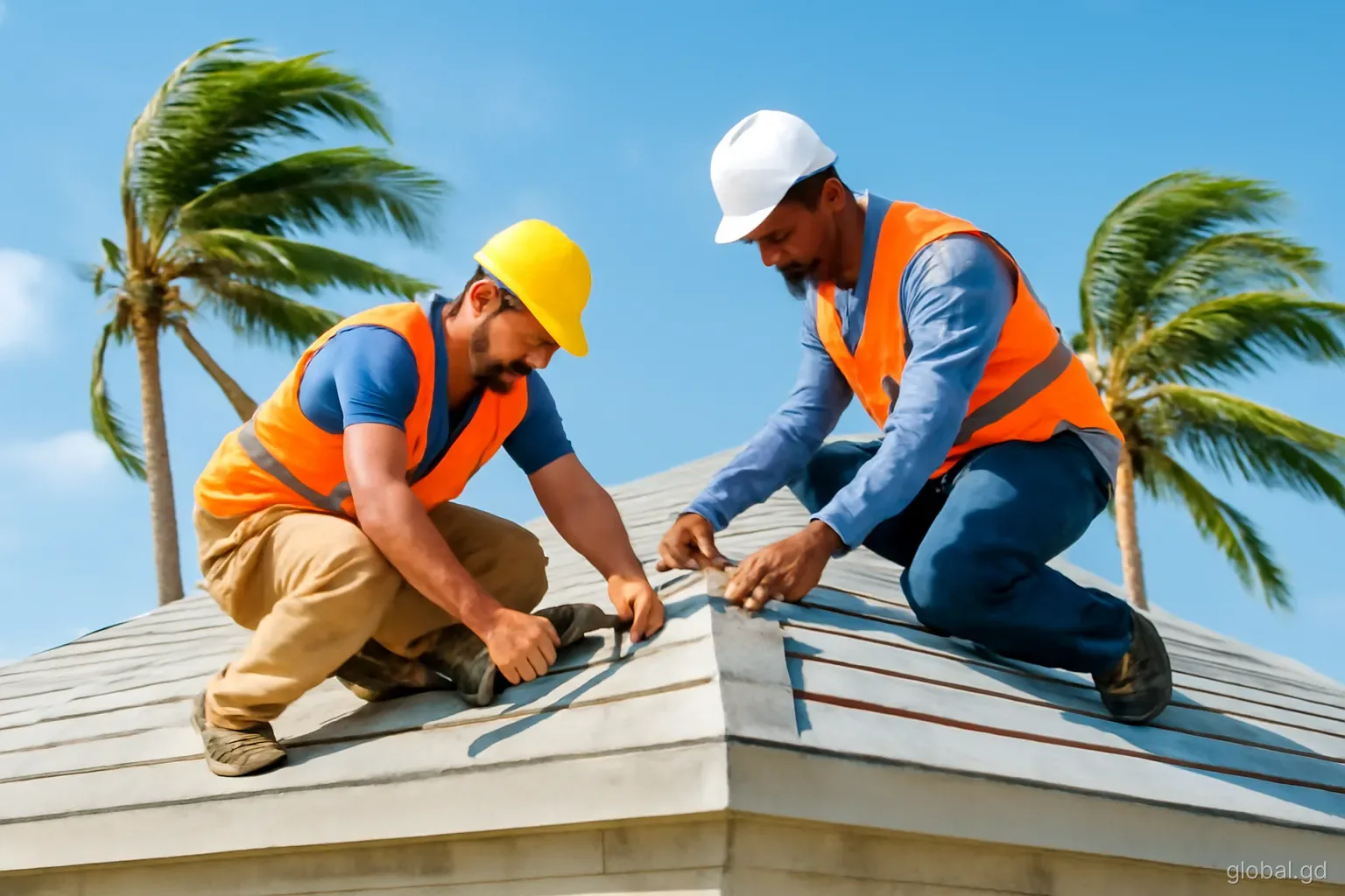 Construction workers fixing hurricane straps to a new concrete house roof on a ridge in St David, palm trees bending in breeze, side angle, bright afternoon light
