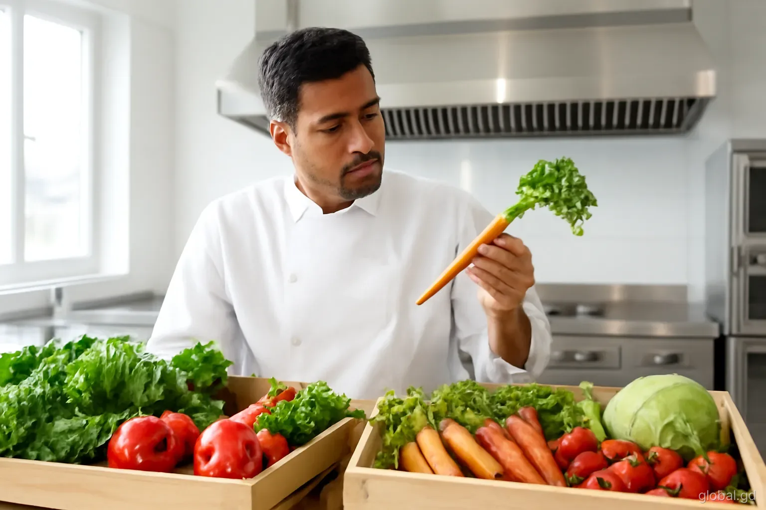 Chef in white jacket inspecting fresh produce delivered to a gleaming stainless-steel restaurant kitchen in Lance aux Epines, crates of vegetables, eye-level, clean bright light