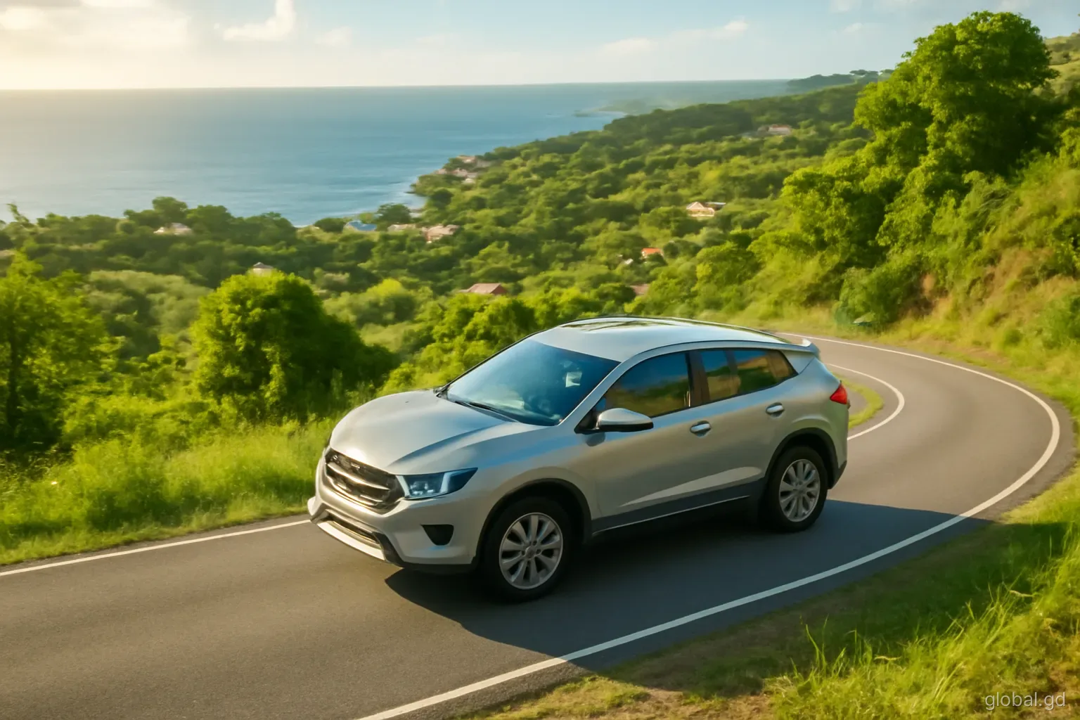 A compact silver SUV climbs a winding hillside road above the sea in St David, Grenada, lush greenery and scattered houses, late afternoon sun, elevated side angle