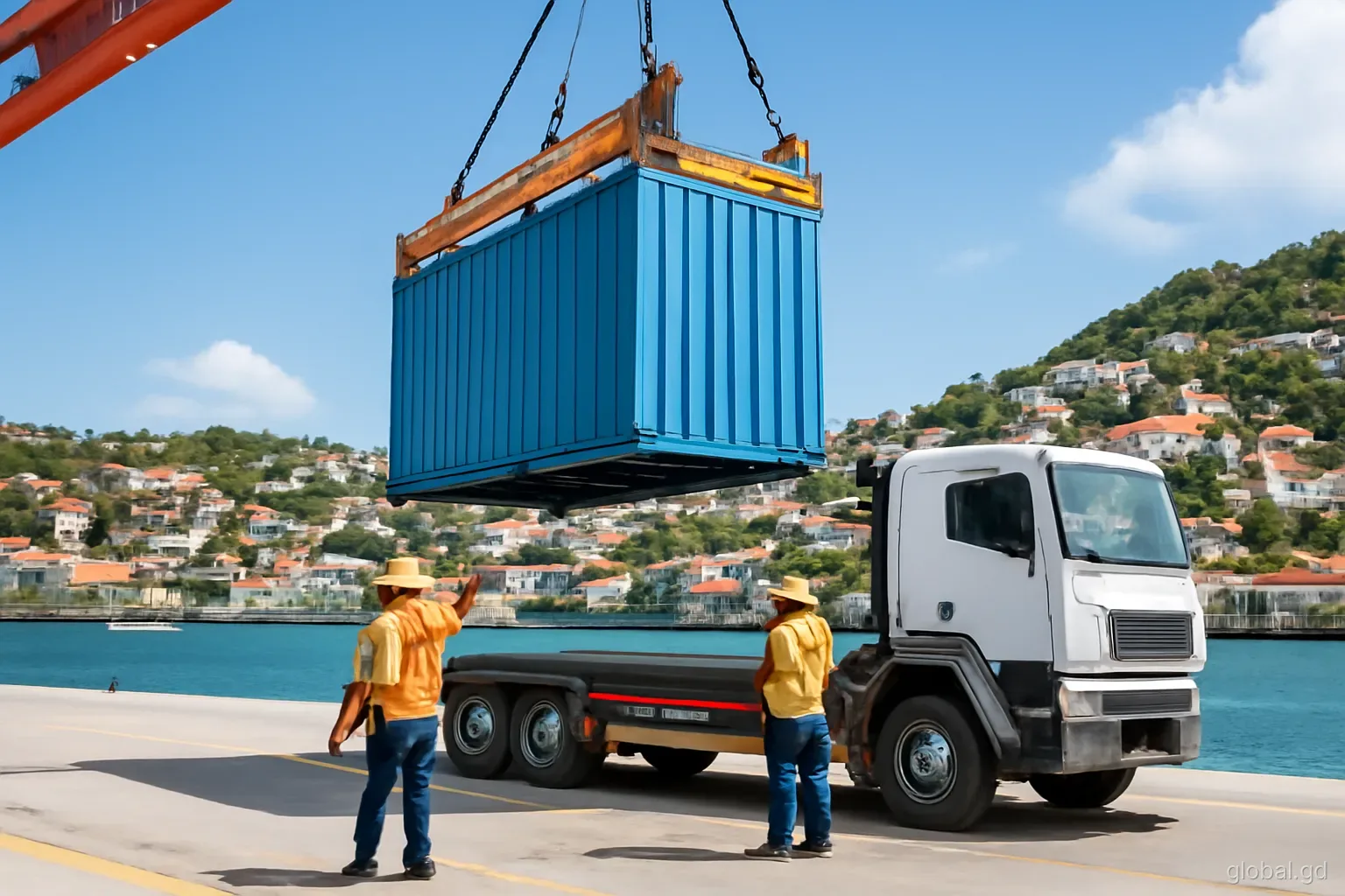Dock workers guide a blue shipping container from a crane onto a truck at the port in St George's, Grenada, harbour and hillside houses behind, bright morning, wide shot