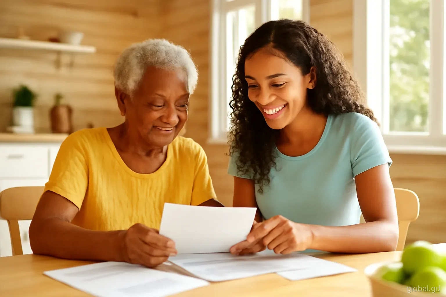 Elderly Grenadian woman and her visiting granddaughter sorting household bills at a kitchen table in a wooden house in St Andrew, close-up angle, warm afternoon light