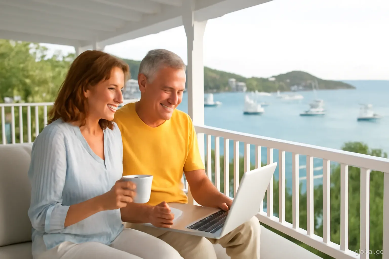 A middle-aged couple sitting on a shaded veranda above Lance aux Epines with a laptop and coffee, sailboats in the bay below, side angle, soft morning light