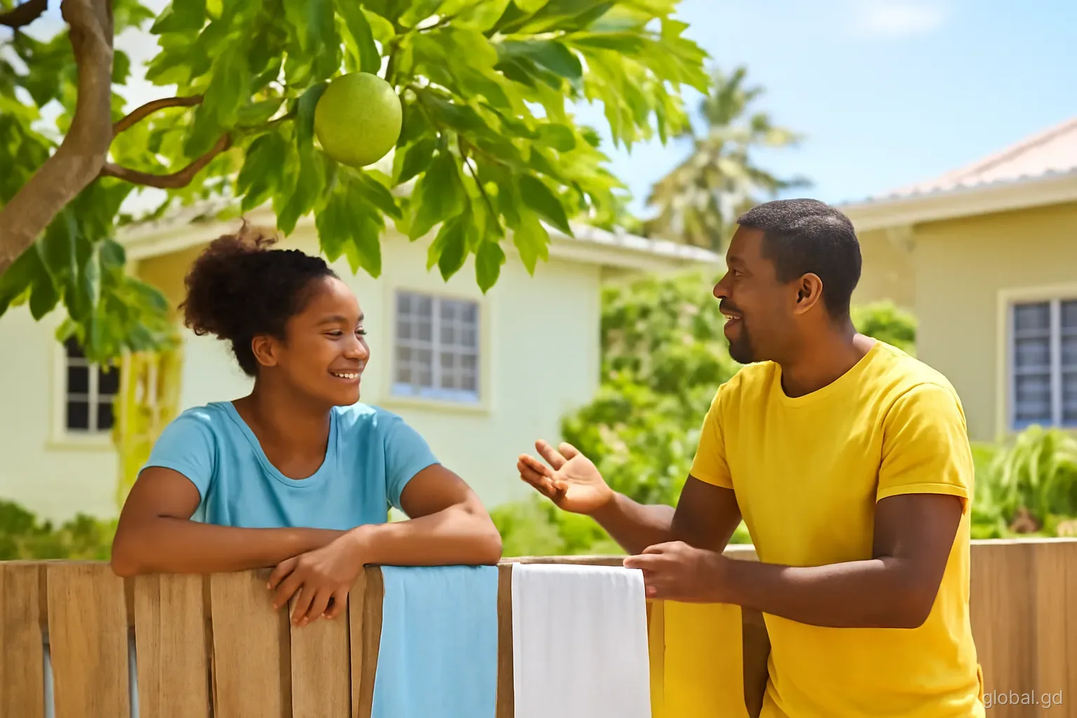 Neighbours chat across a garden fence beside a breadfruit tree in a quiet village in St Andrew, Grenada, washing drying in the sun, late morning, relaxed medium shot