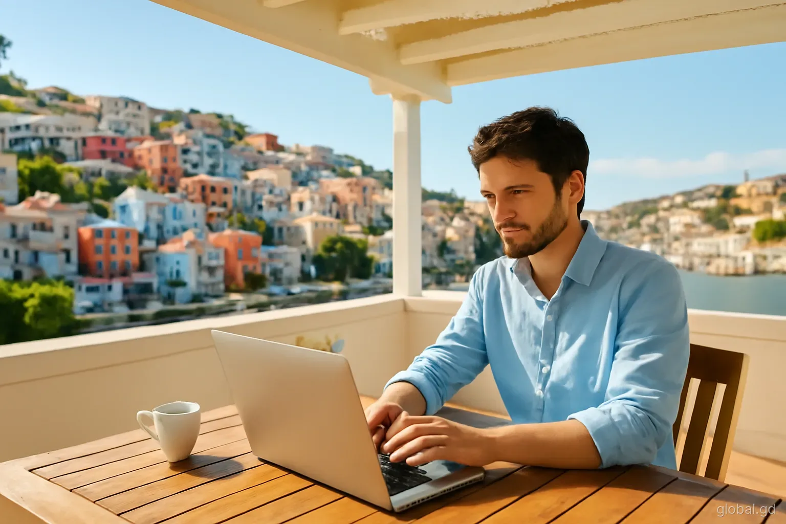 A young man working on a laptop at a shaded wooden table on a guesthouse terrace in St George's, colourful hillside houses and harbour behind, wide angle, morning light